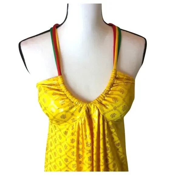 COOGI Yellow Logo Print Maxi Babydoll Dress Beach Coverup Built-In Bra – Size S - Picture 2 of 8